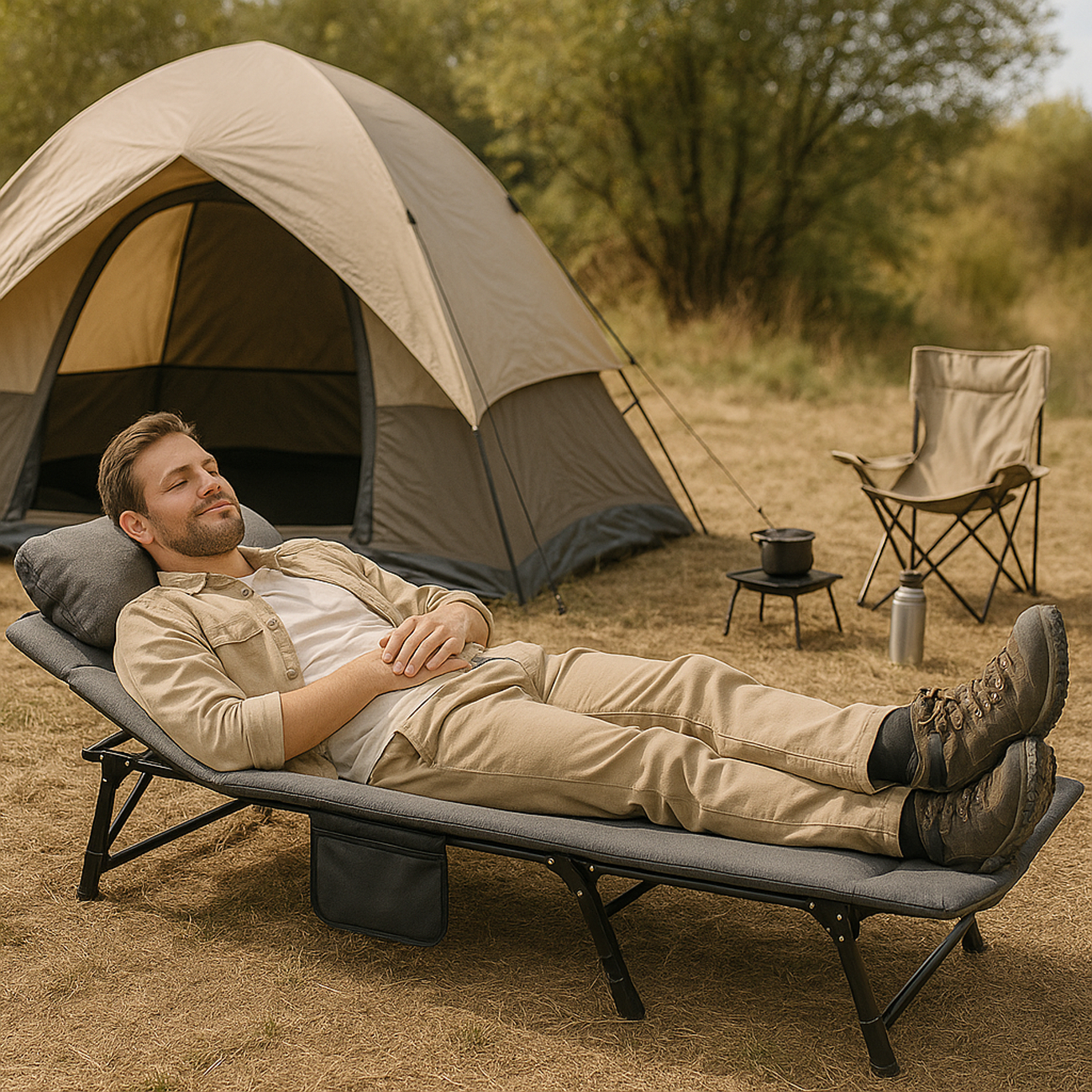 Eurocatch Faltbare Campingliege – Verstellbares Feldbett mit 5-fach Rückenlehne, 4 stabilen Klappbeinen, Seitentasche, gepolstertem Kopfteil – Kompakt & Bequem – 195×65×27 cm