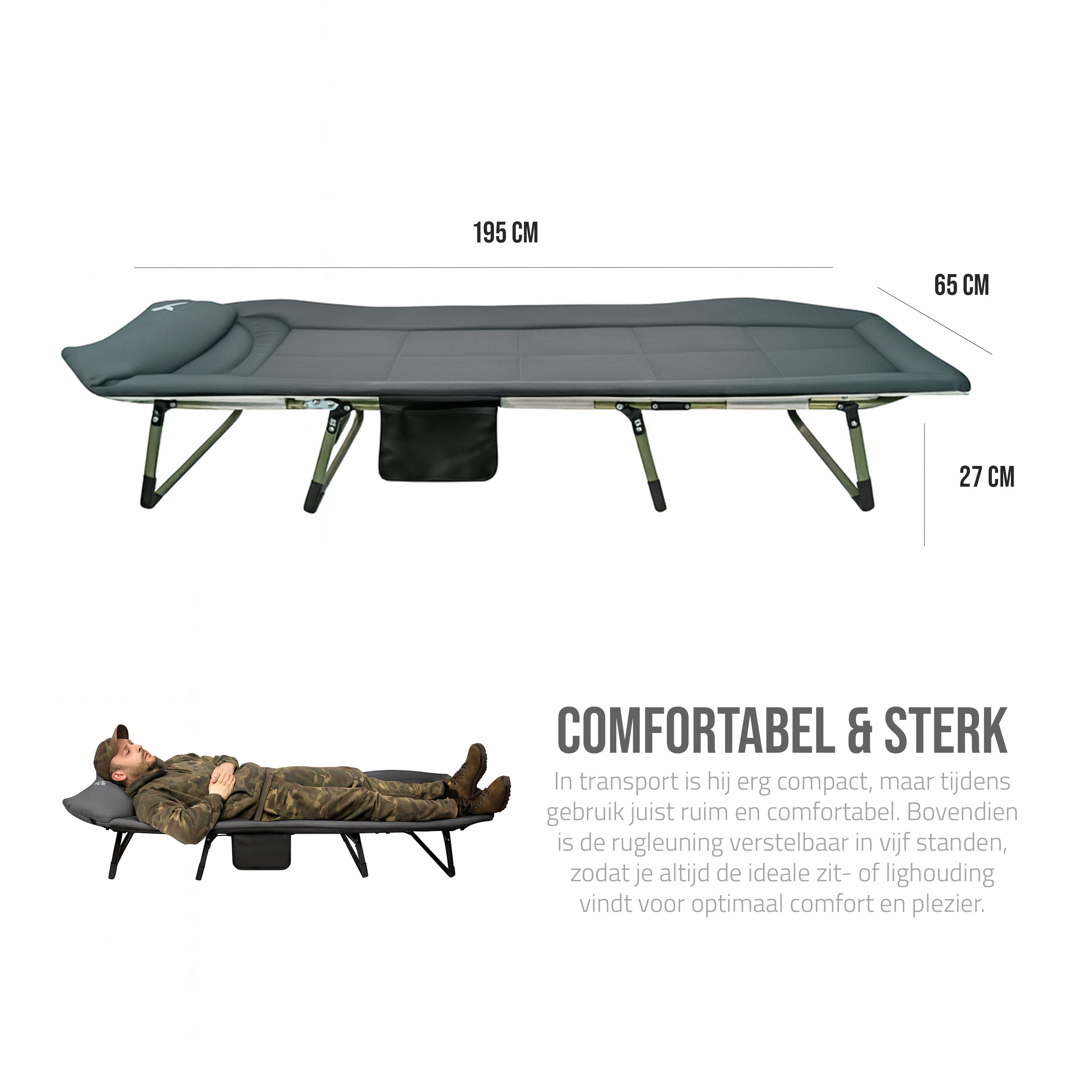 Eurocatch Karpfenliege Bedchair – 8-beiniges, verstellbares Campingbett mit 5-fach verstellbarer Rückenlehne, gepolstertem Kopfteil, Seitentasche & klappbar – Grün – 195×65×27 cm