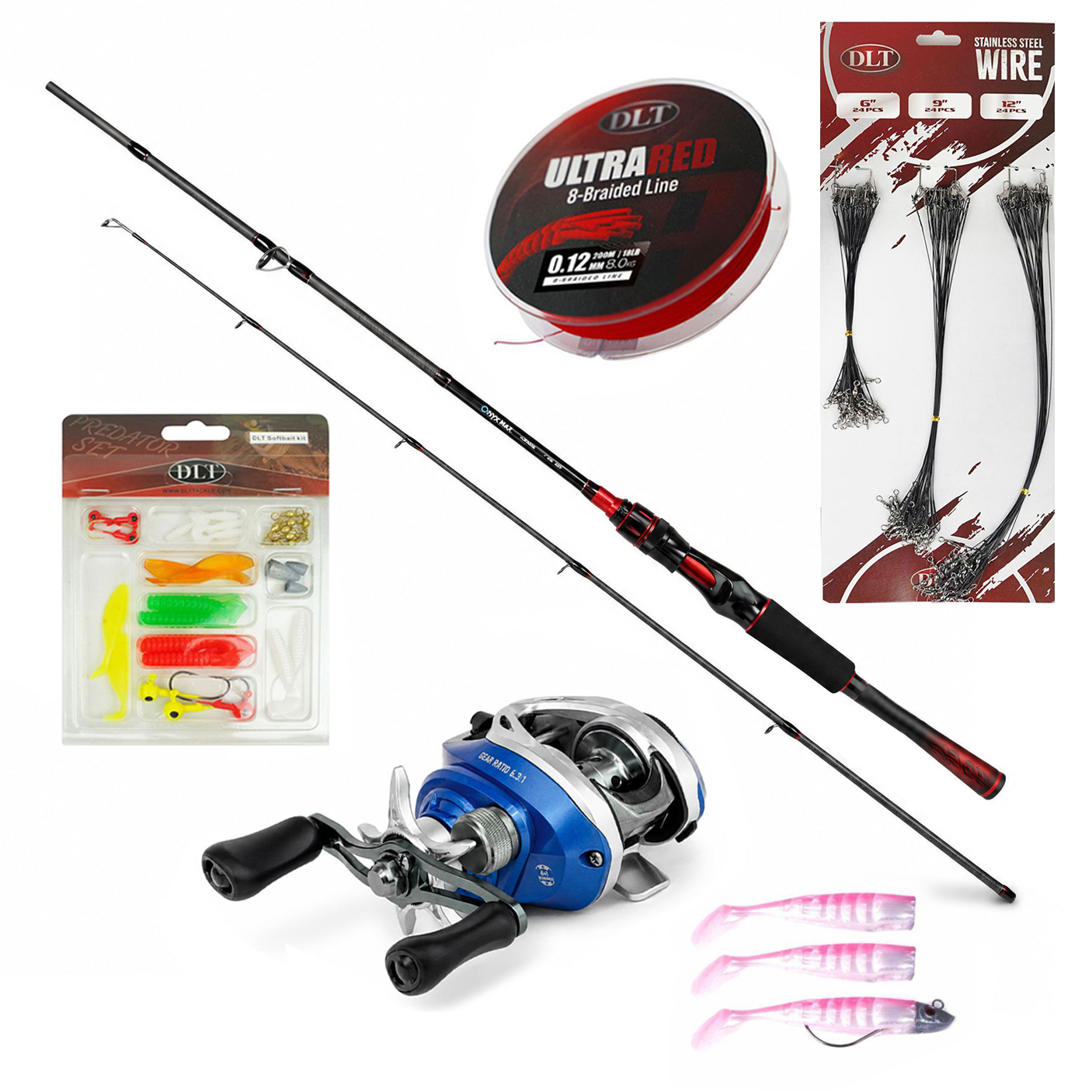 Eurocatch Baitcaster-Set Deluxe – Baitcaster-Rute und Baitcaster-Rolle – geflochtene Schnur – Softbait-Set – Stahlvorfach