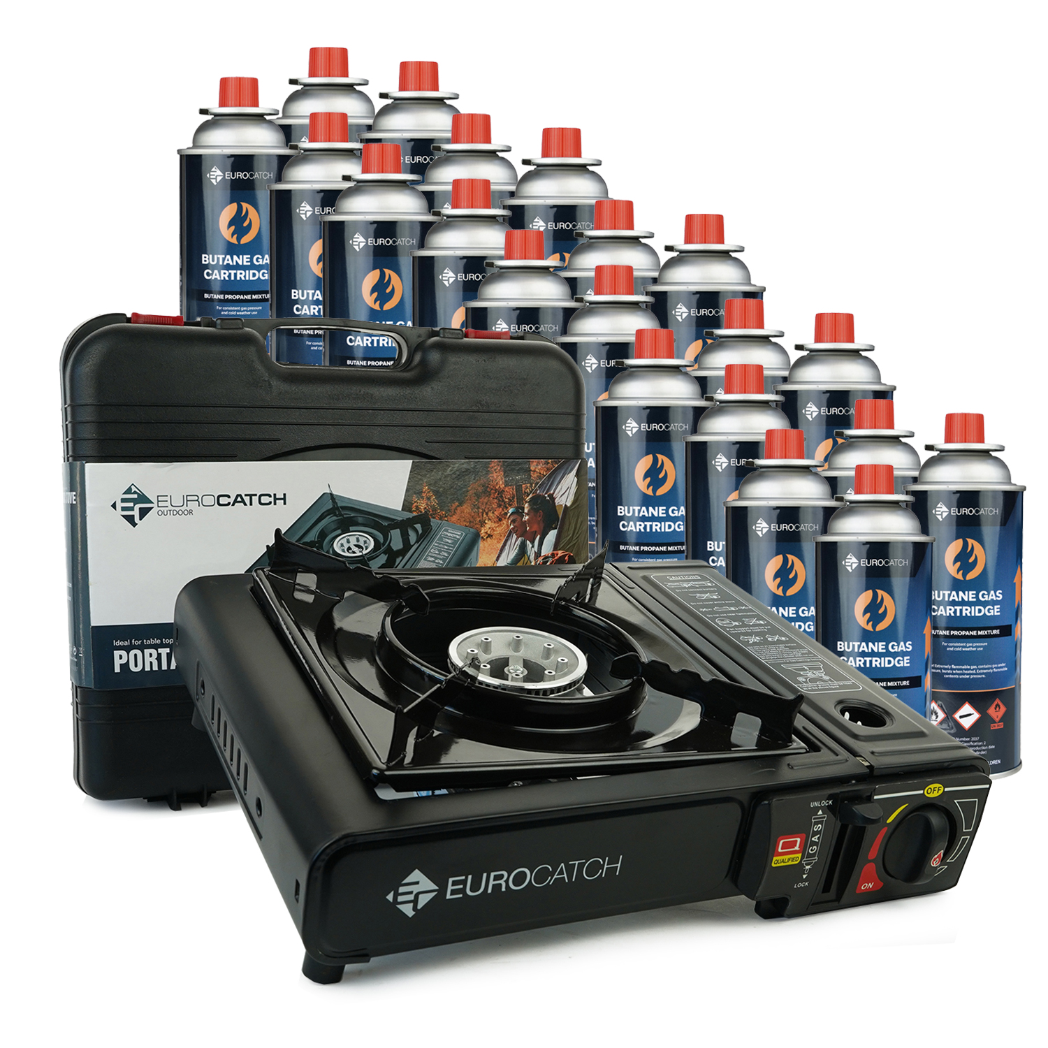  Eurocatch Outdoor - Gaskocher + 20 Gaskartuschen - Gaskocher - Camping Gaskocher - Gaspit - Gaskochfeld - Kocher - Tragekoffer