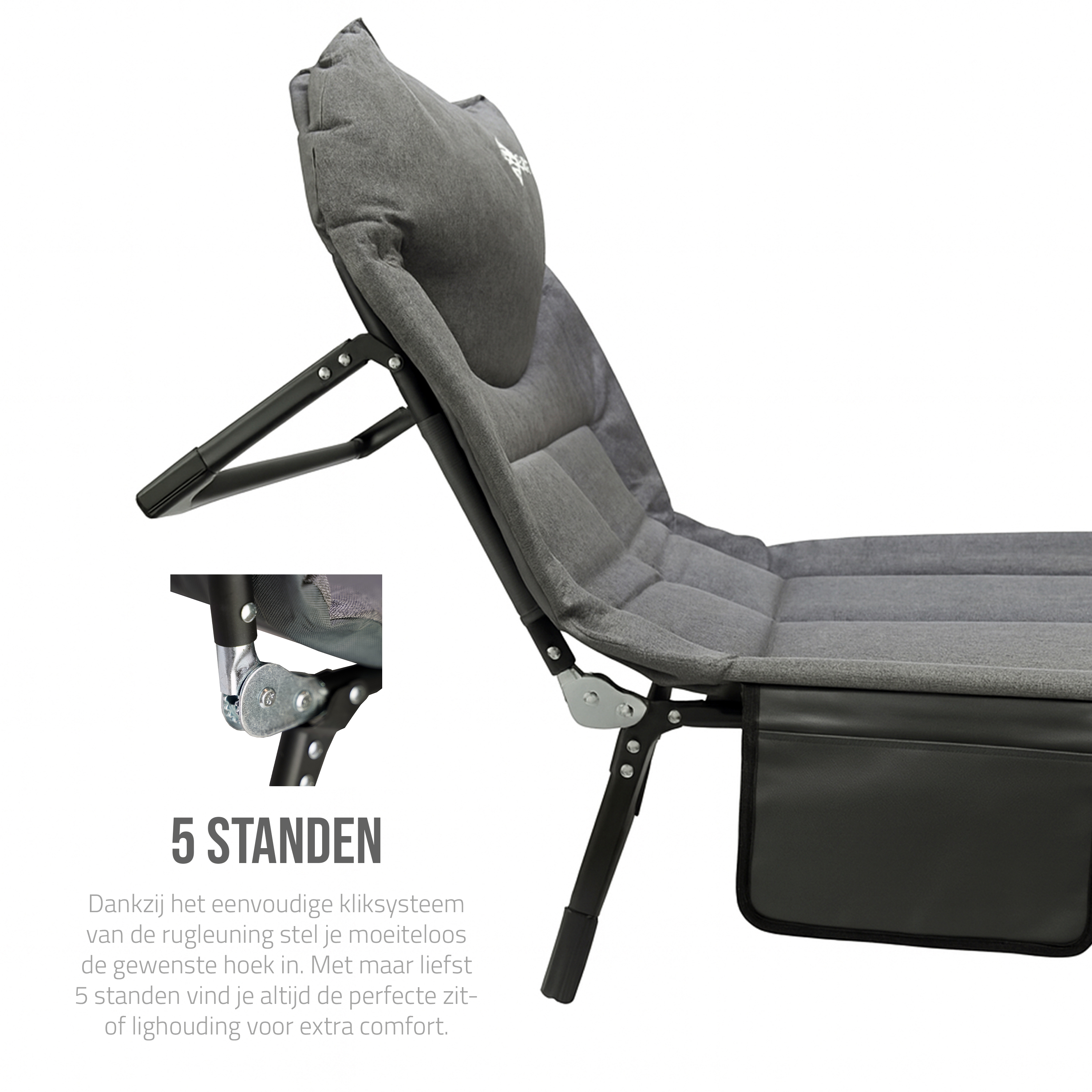 Eurocatch Faltbare Campingliege – Verstellbares Feldbett mit 5-fach Rückenlehne, 4 stabilen Klappbeinen, Seitentasche, gepolstertem Kopfteil – Kompakt & Bequem – 195×65×27 cm