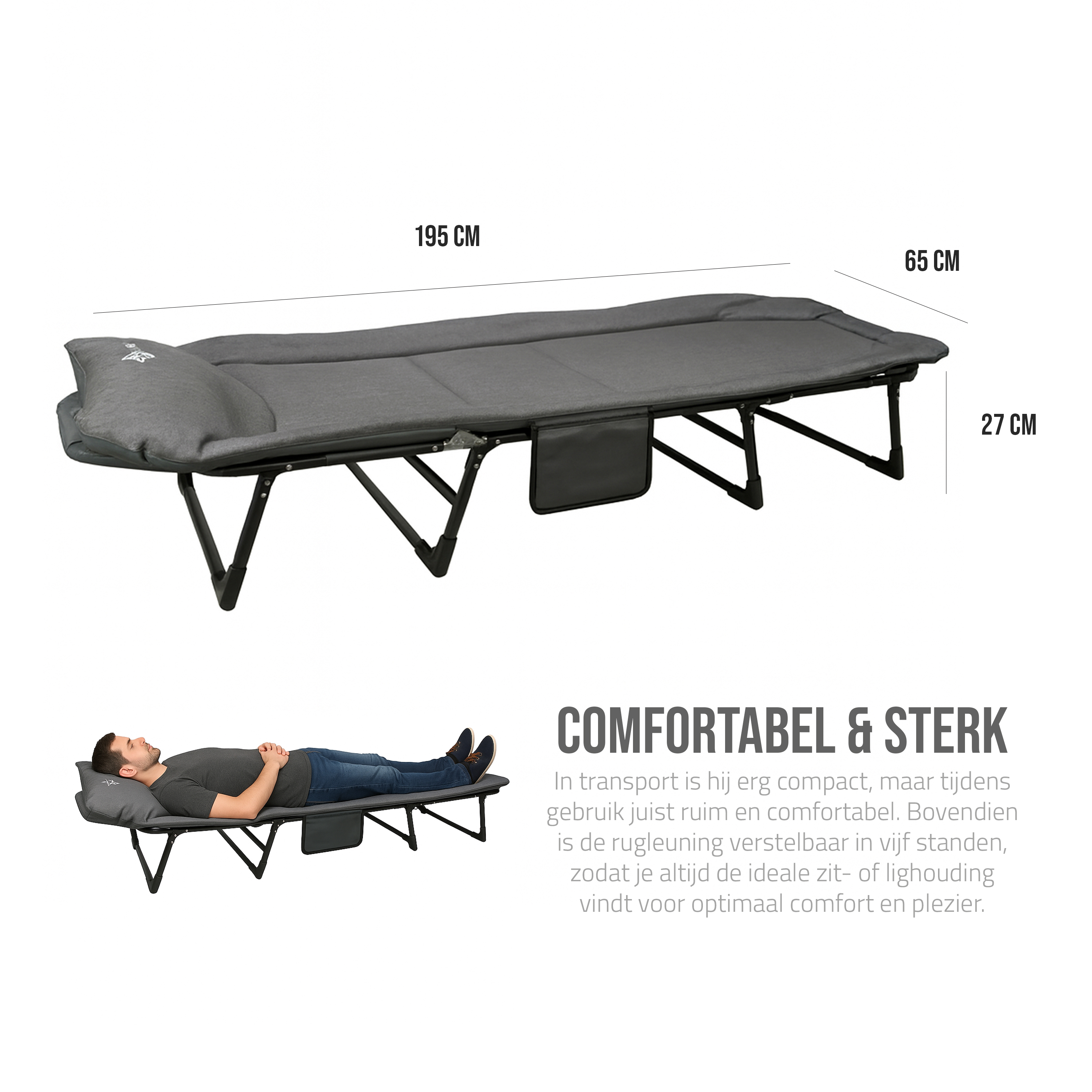 Eurocatch Faltbare Campingliege – Verstellbares Feldbett mit 5-fach Rückenlehne, 4 stabilen Klappbeinen, Seitentasche, gepolstertem Kopfteil – Kompakt & Bequem – 195×65×27 cm