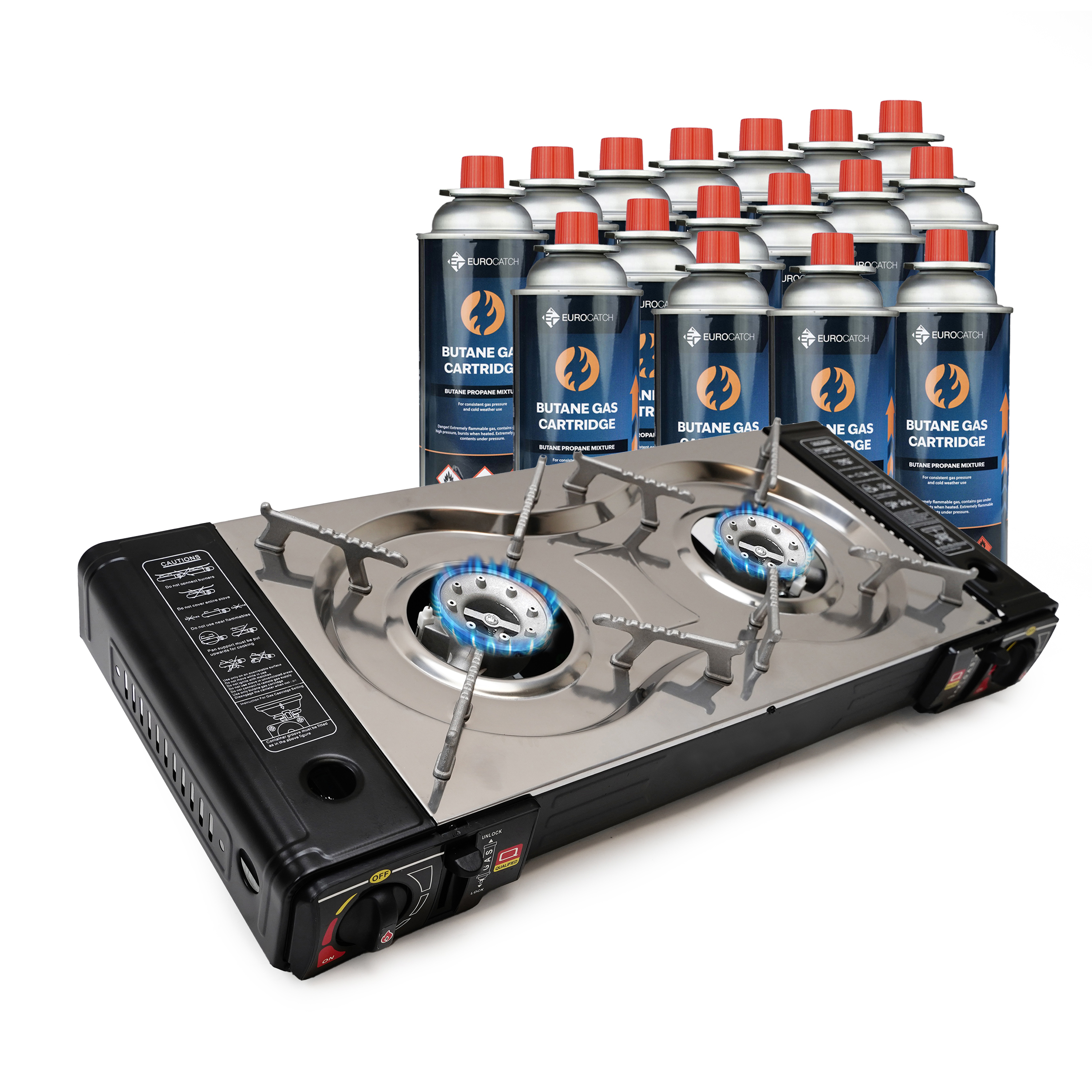 Eurocatch Dual-Gasherd - 2-Flammen-Gasherd - Silber - 16 Gaskartuschen
