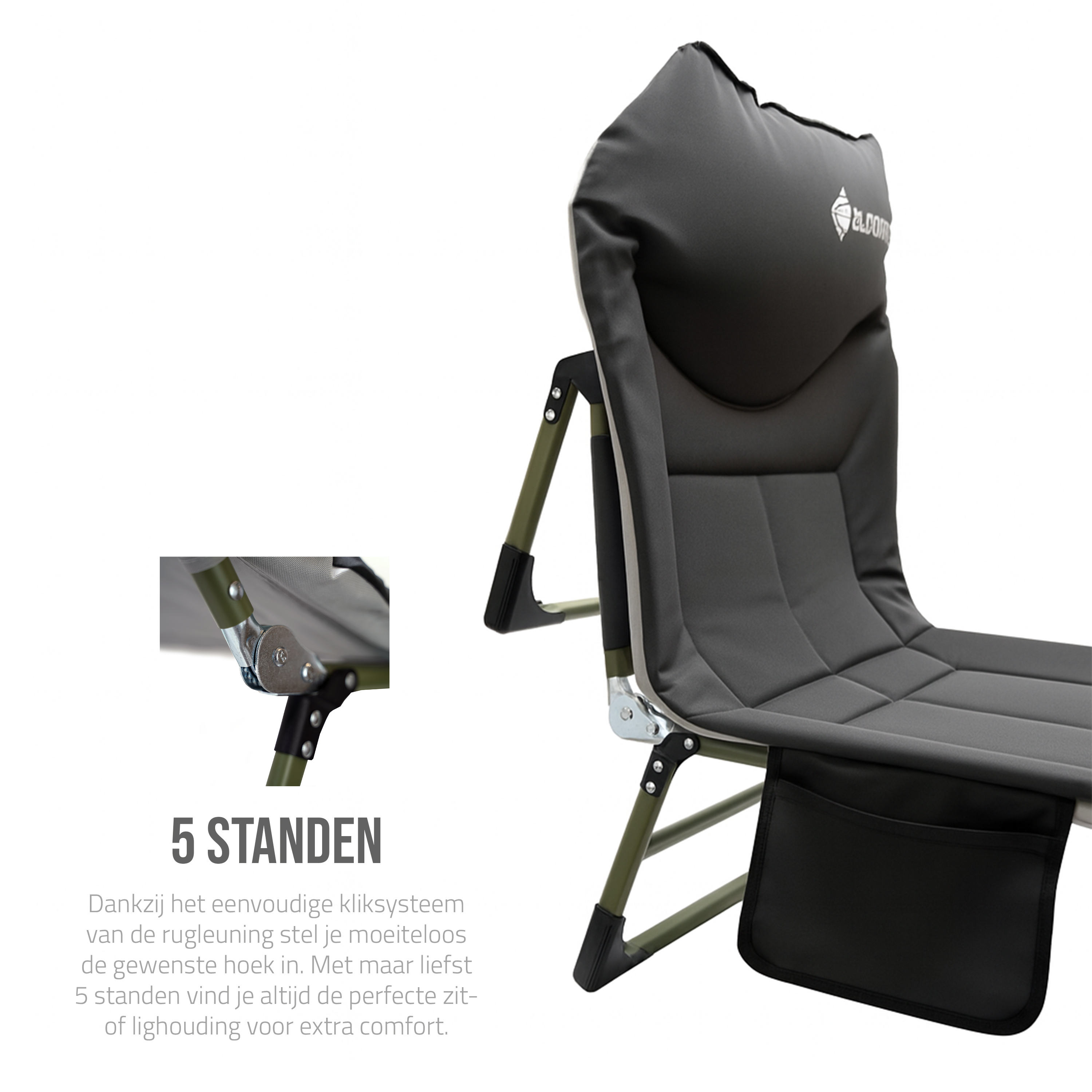 Eurocatch Karpfenliege Bedchair – 8-beiniges, verstellbares Campingbett mit 5-fach verstellbarer Rückenlehne, gepolstertem Kopfteil, Seitentasche & klappbar – Grün – 195×65×27 cm