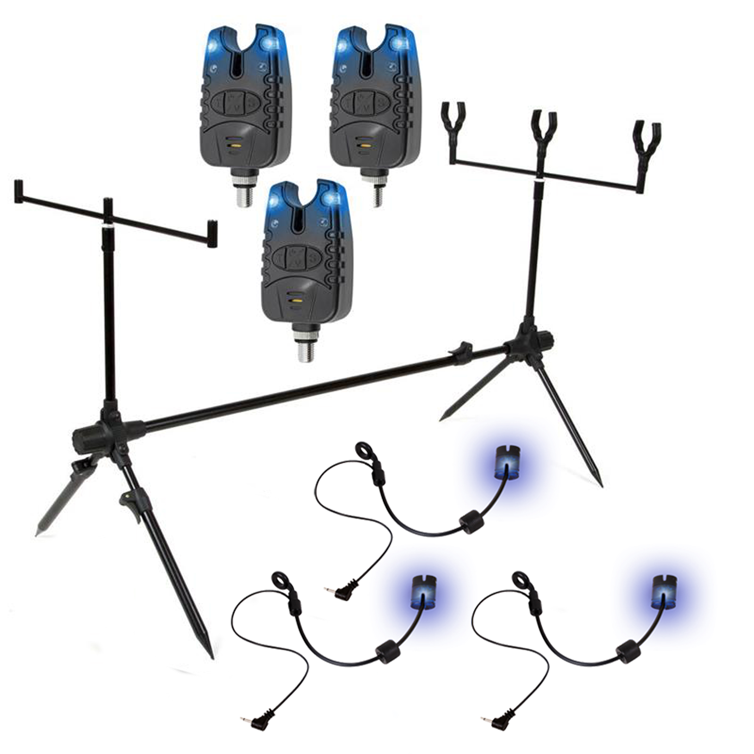 X2 Base Rodpod - Set - Inkl. 3 Bissanzeiger - 3 Swinger - Schwarz - Blaue LEDs - Karpfenangeln