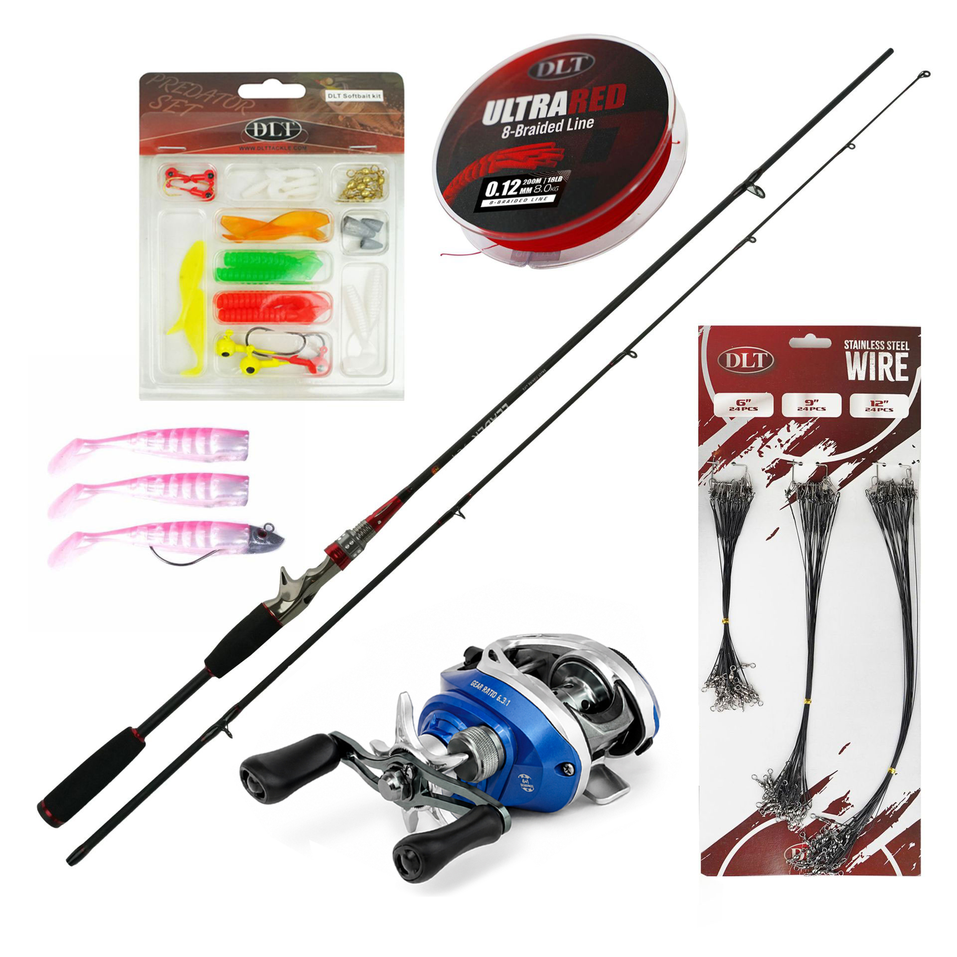 Eurocatch Baitcaster-Set Deluxe – Baitcaster-Rute und Baitcaster-Rolle – geflochtene Schnur – Softbait-Set – Stahlvorfach