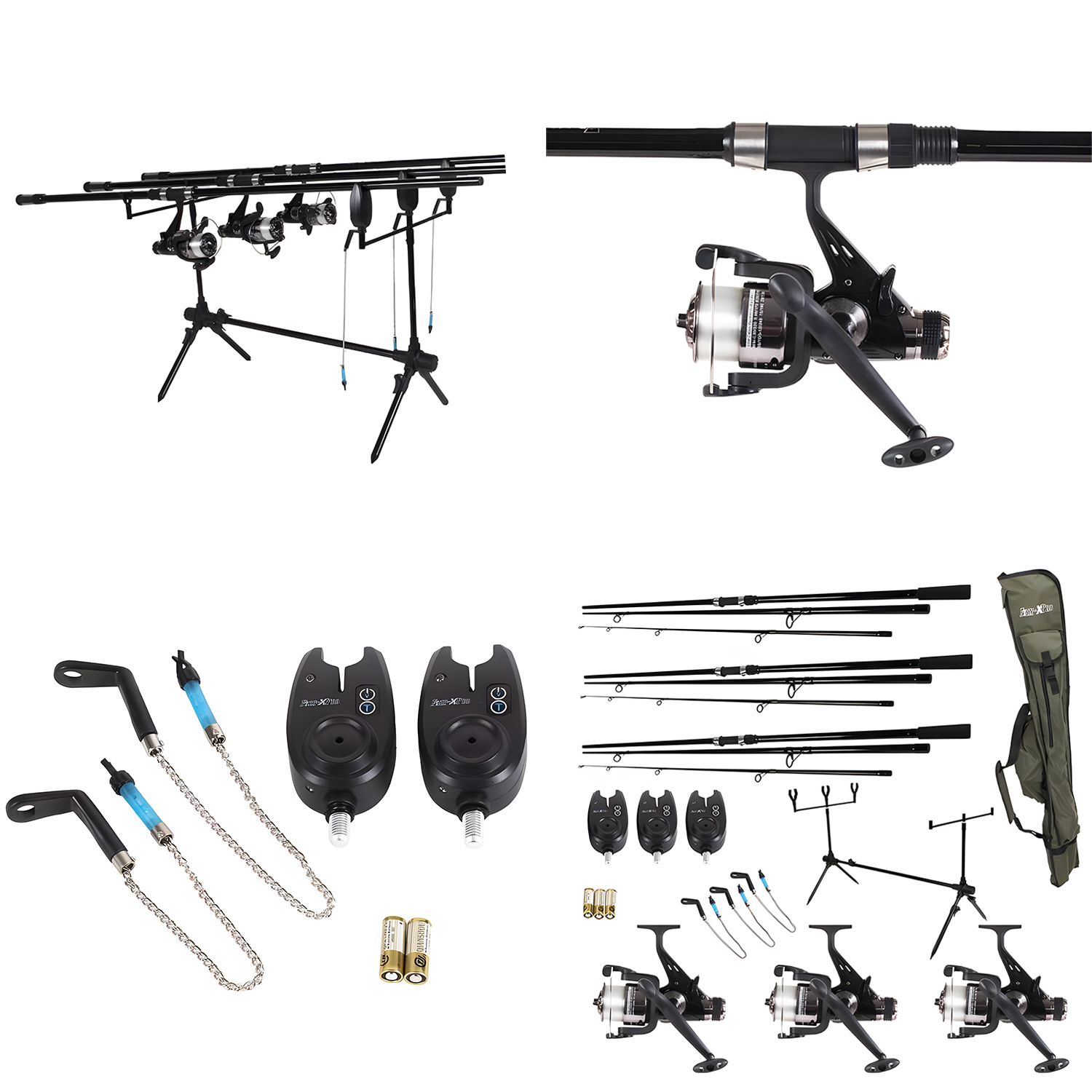 FISH-XPRO Karper Set Plus 3-Rod - Karperhengelset Zwart - 96-Delig - Beetmelders - Swingers - Rodpod - Achtersteunen - Foudraal 