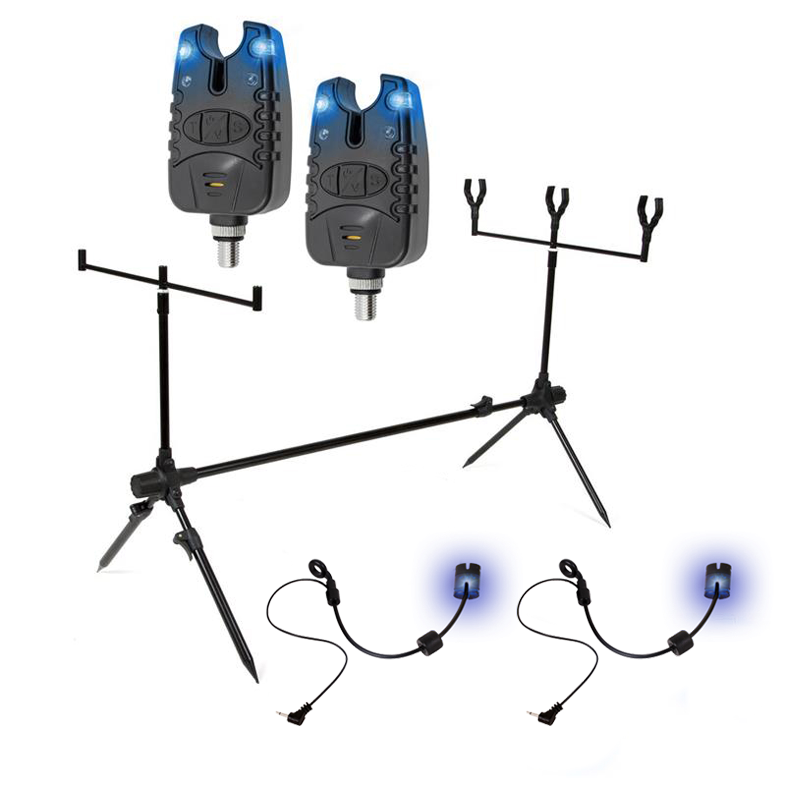 X2 Base Rodpod - Set - Inkl. 2 Bissanzeiger - 2 Swinger - Schwarz - Blaue LEDs - Karpfenangeln