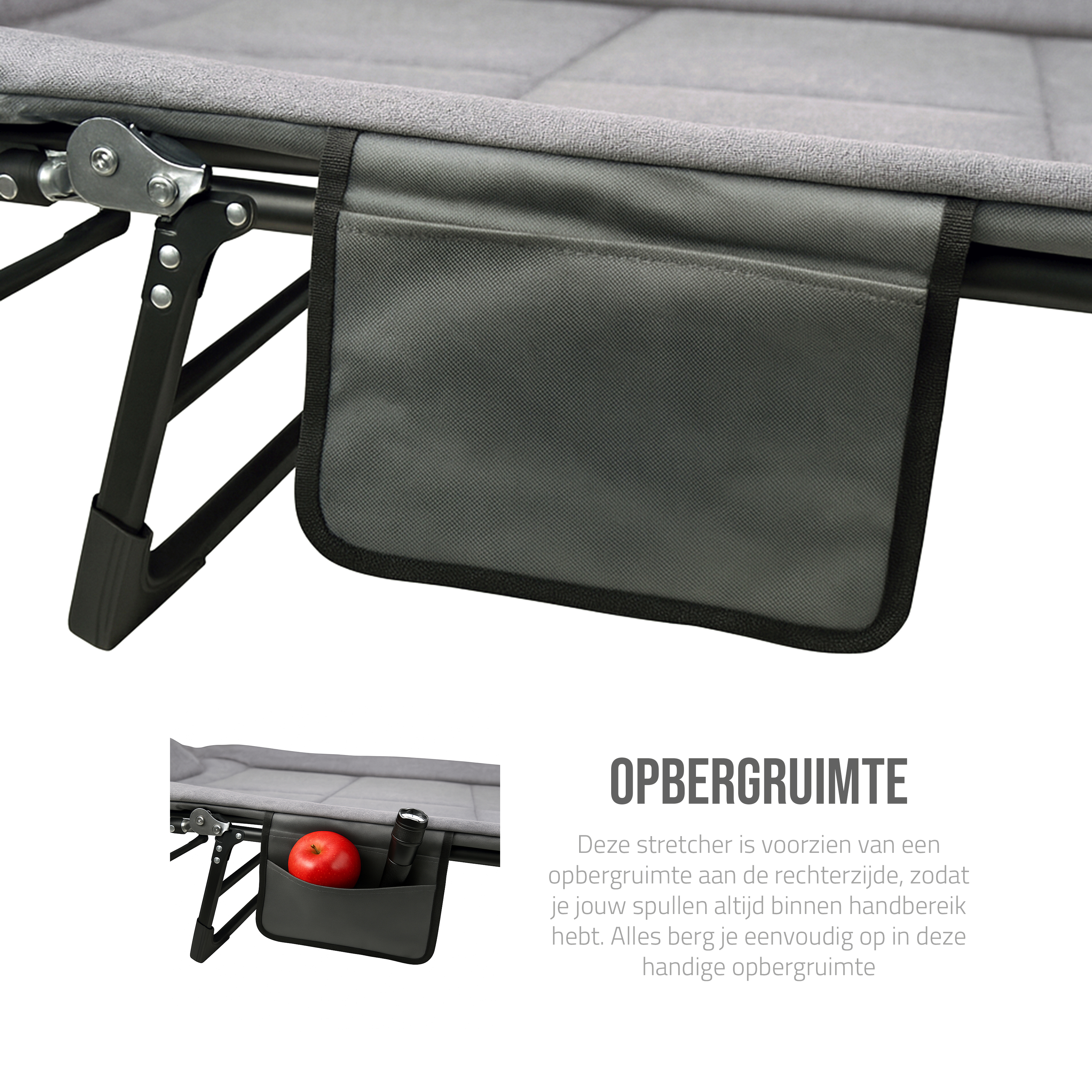 Eurocatch Faltbare Campingliege – Verstellbares Feldbett mit 5-fach Rückenlehne, 4 stabilen Klappbeinen, Seitentasche, gepolstertem Kopfteil – Kompakt & Bequem – 195×65×27 cm