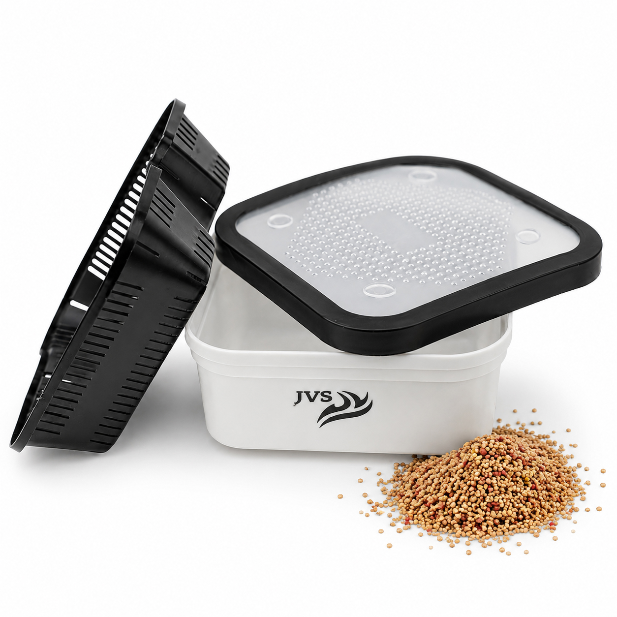 JVS Madenbox mit Gummidichtung – inklusive Pellet-Sieb – flach