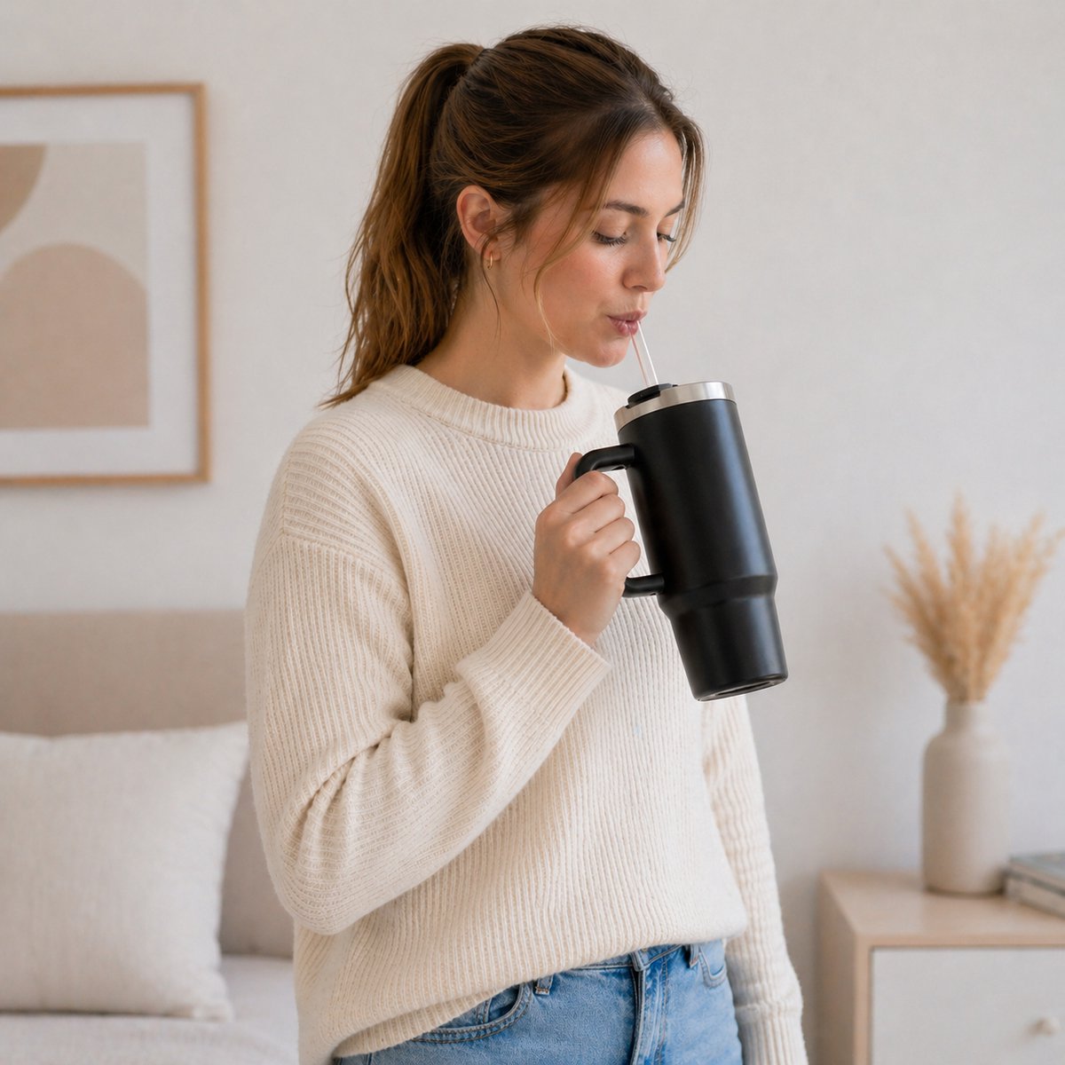 Eurocatch Tumbler 1,2L - Thermobecher mit Strohhalm und Griff - 11 Stunden kalt, 48 Stunden mit Eis - Spülmaschinenfest - Schwarz