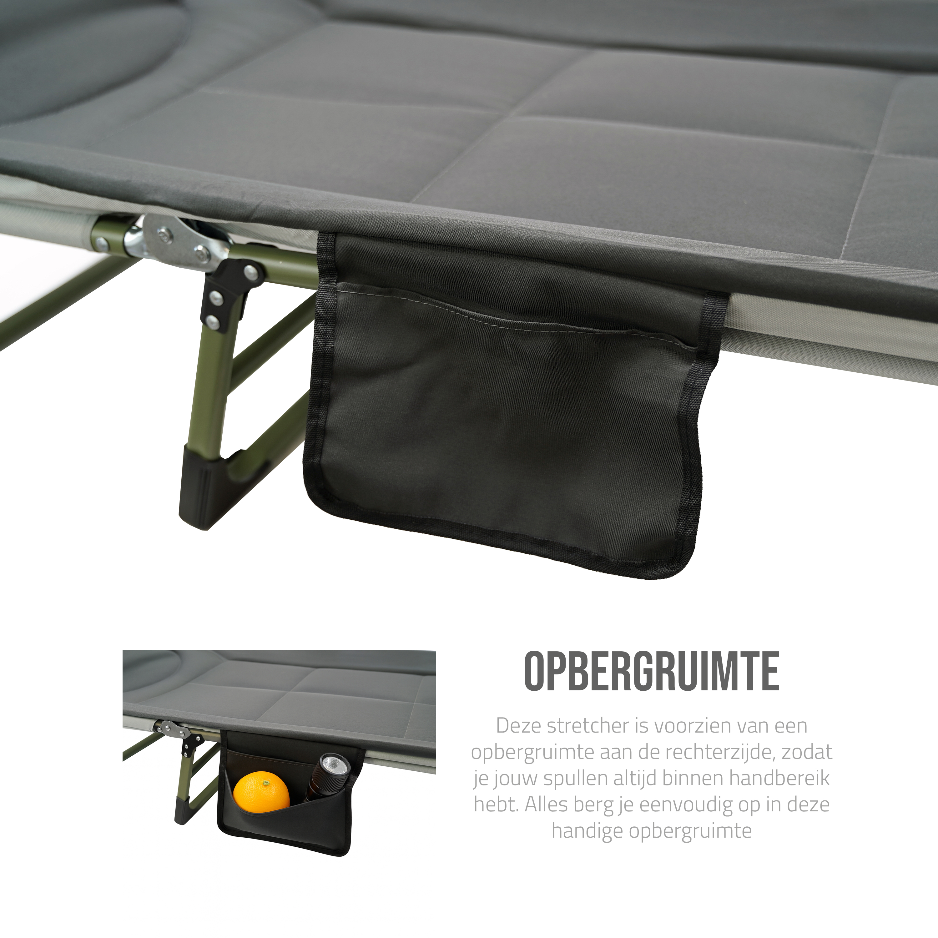 Eurocatch Karpfenliege Bedchair – 8-beiniges, verstellbares Campingbett mit 5-fach verstellbarer Rückenlehne, gepolstertem Kopfteil, Seitentasche & klappbar – Grün – 195×65×27 cm