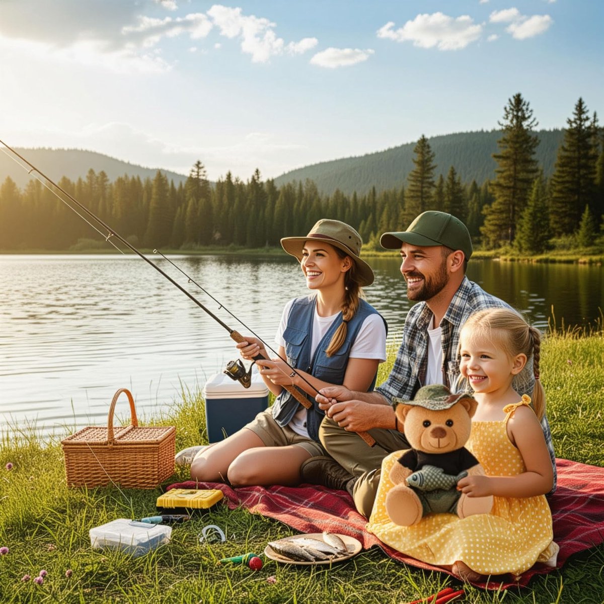 BRUBAKER Teddybär Fischer mit Fisch und Fischerhut