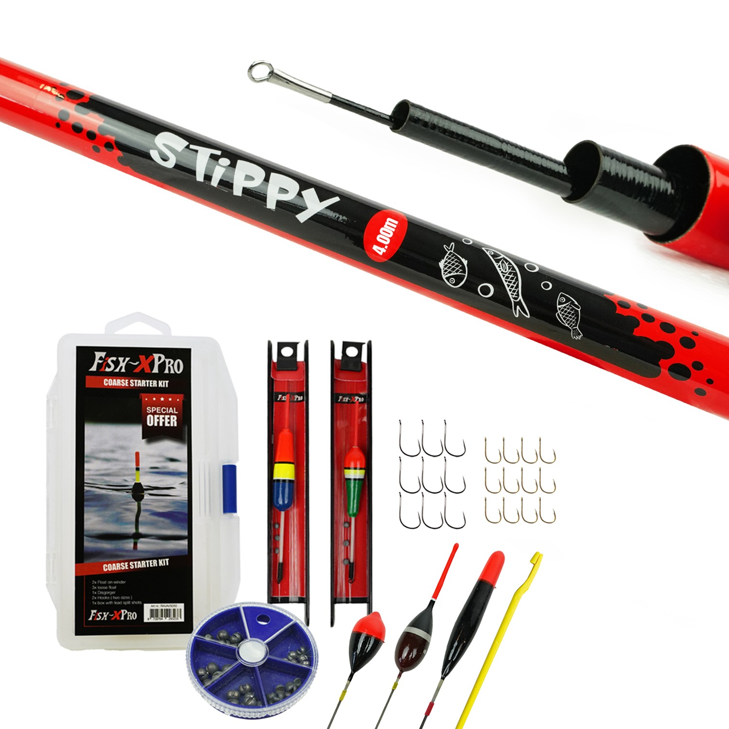 Fish-Xpro Festes Angelruten-Set 4m – Teleskoprute – Weißfisch-Set – Angelset – Posen-Set – Aufbewahrungsbox – Geschirre –  29-teilig