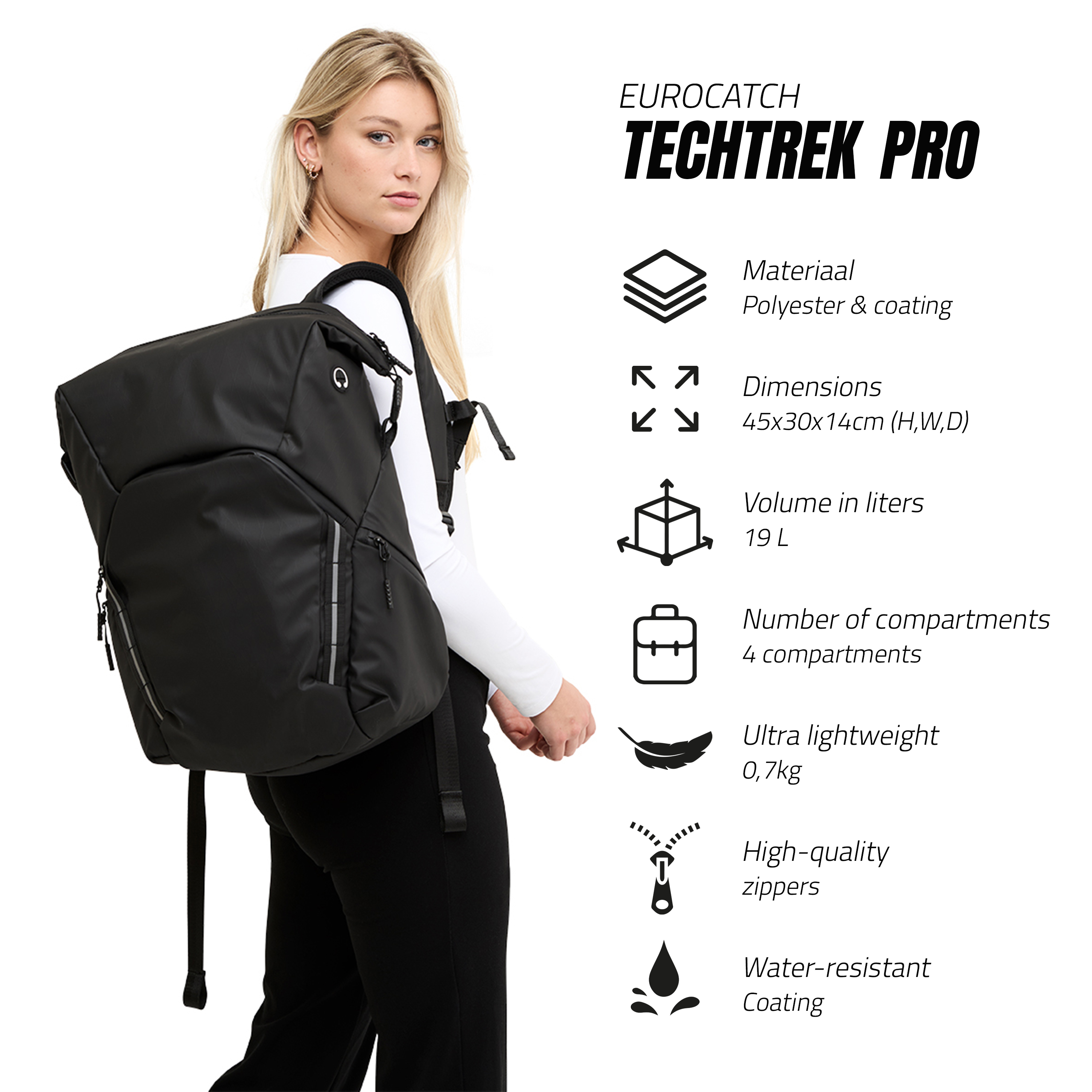 TechTrek Pro – Wasserabweisender Rucksack – 19 L – Schwarz – Leichter Tagesrucksack für Alltag & Outdoor