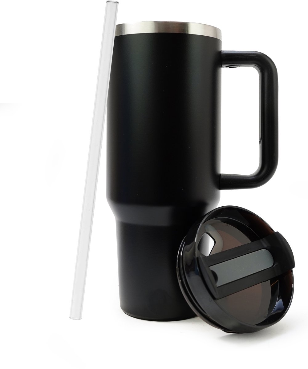 Eurocatch Tumbler 1,2L - Thermobecher mit Strohhalm und Griff - 11 Stunden kalt, 48 Stunden mit Eis - Spülmaschinenfest - Schwarz