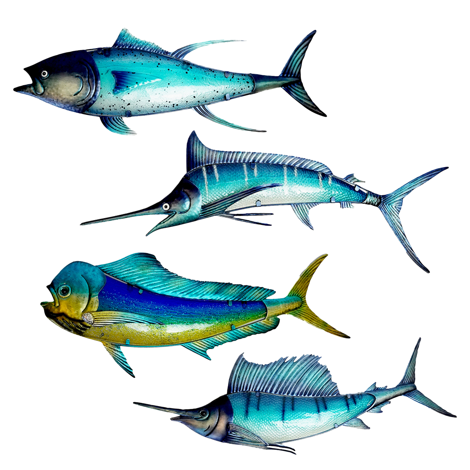Eurocatch Big Game-Wanddekor-Set – Thunfisch, Dorado, Segelfisch, Marlin – 4 Stück – Wanddekoration – 40 cm – 3D-Metall und Glas – Kunst – Geschenktipp