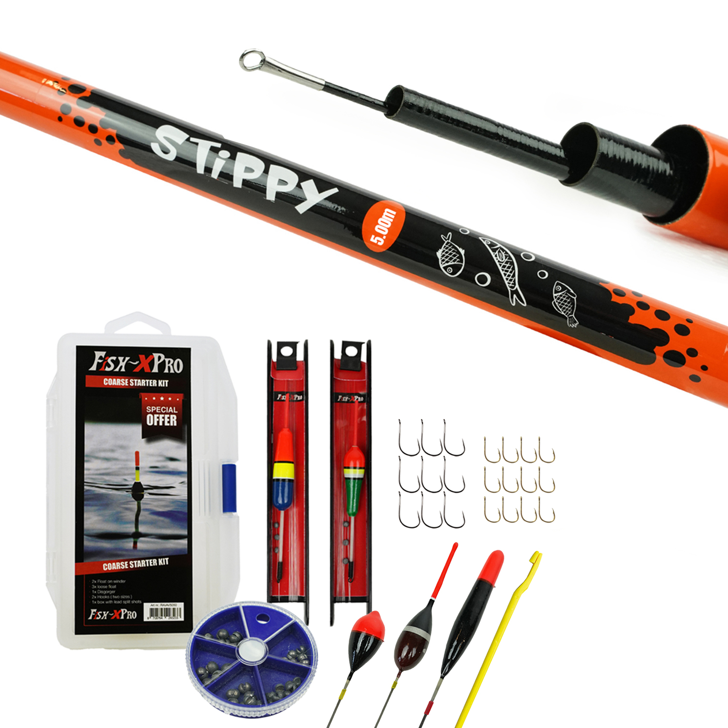 Fish-Xpro Festes Angelruten-Set 5m – Teleskoprute – Weißfisch-Set – Angelset – Posen-Set – Aufbewahrungsbox – Geschirre –  29-teilig