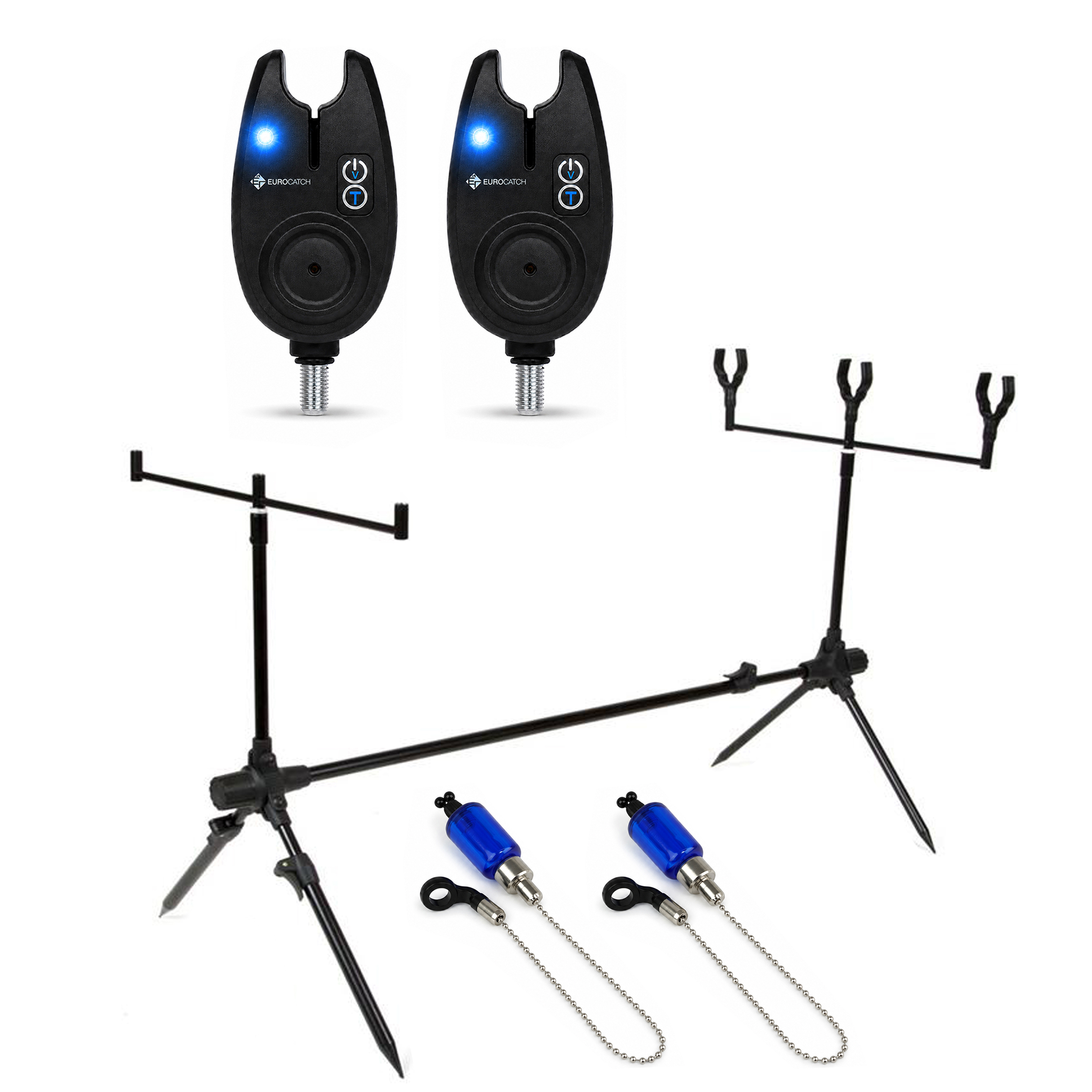 X2 Base Rodpod - Set - Inkl. 2 Bissanzeiger - 2 Swinger - Schwarz - Blaue LEDs - Karpfenangeln