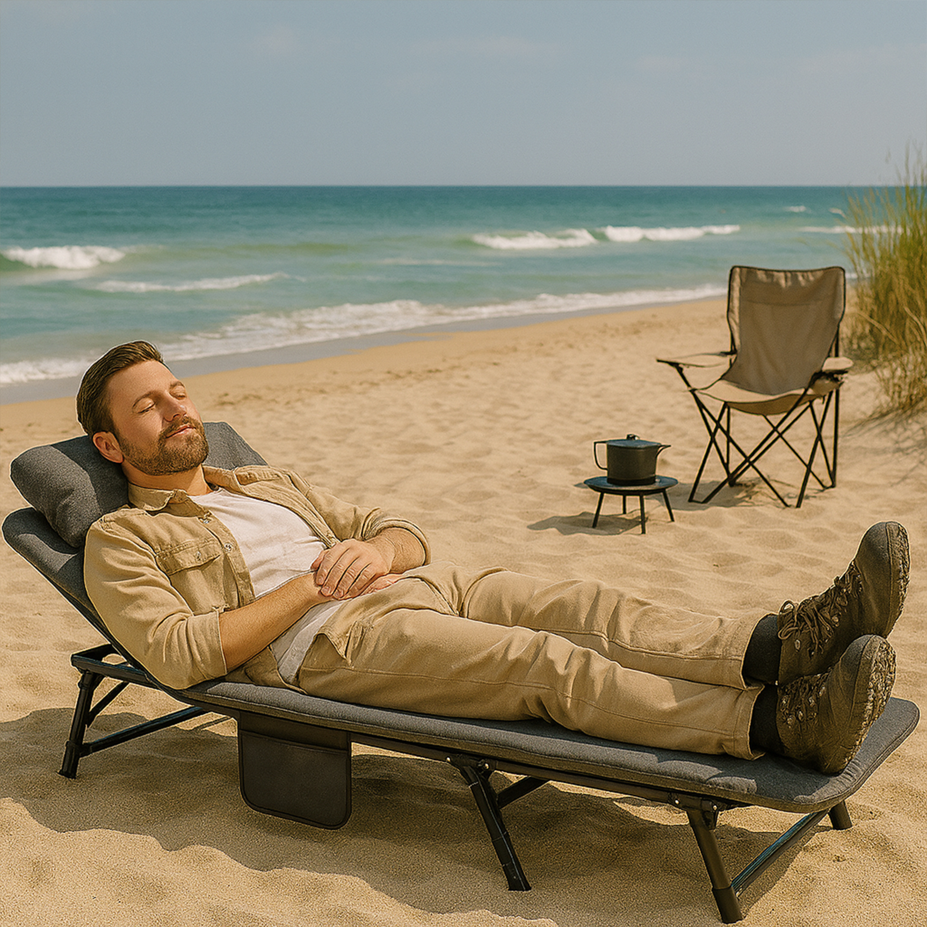 Eurocatch Faltbare Campingliege – Verstellbares Feldbett mit 5-fach Rückenlehne, 4 stabilen Klappbeinen, Seitentasche, gepolstertem Kopfteil – Kompakt & Bequem – 195×65×27 cm