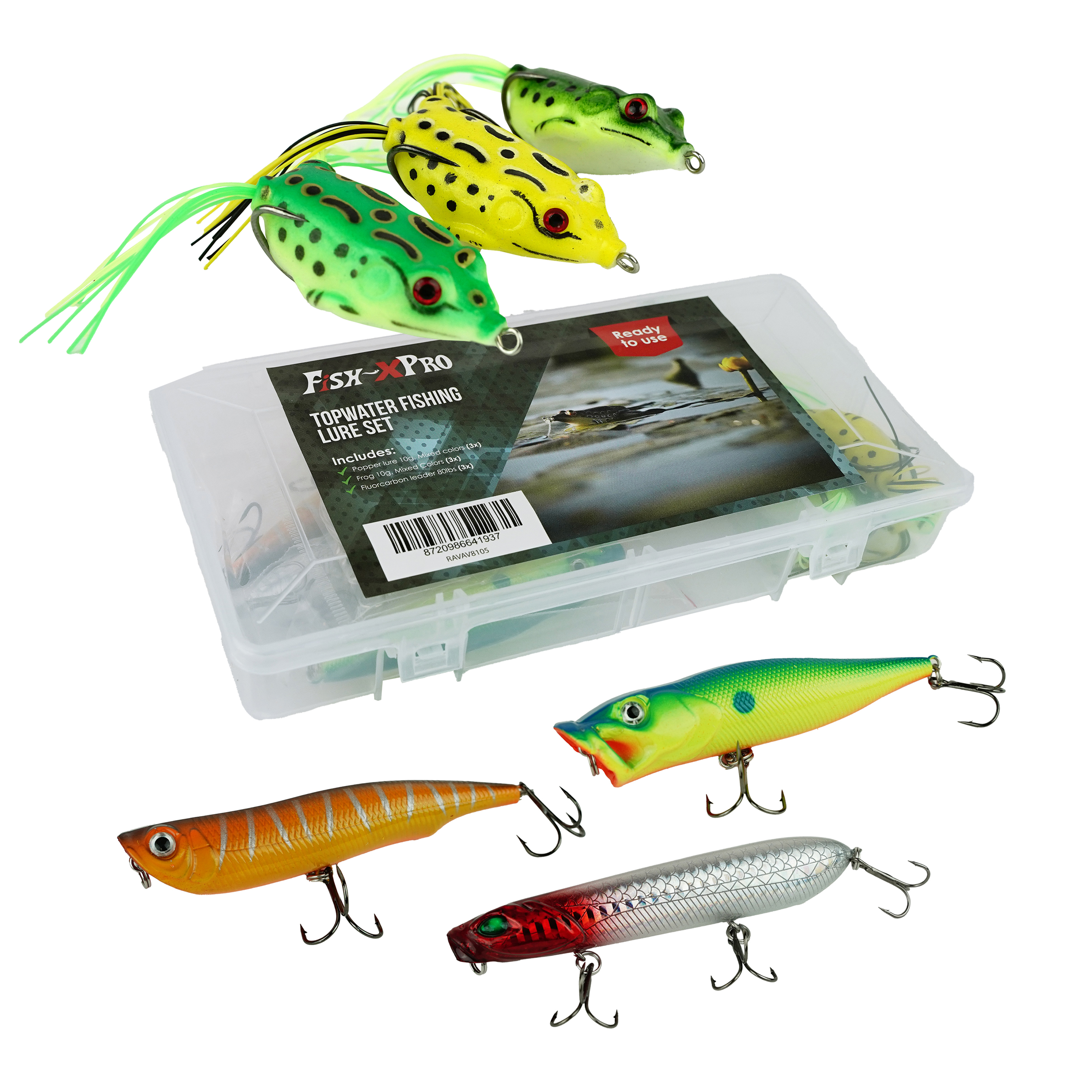  FishXpro Topwater Fishing Lure Set - Poppers & Frogs - 6 Stück - Kunstköder