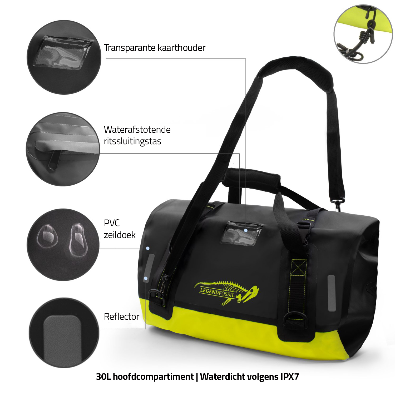 Legendfossil - Waterproof Bag - Sjømat - 30L - Black - Duffel - Waterdicht - Drybag - Zwart Geel