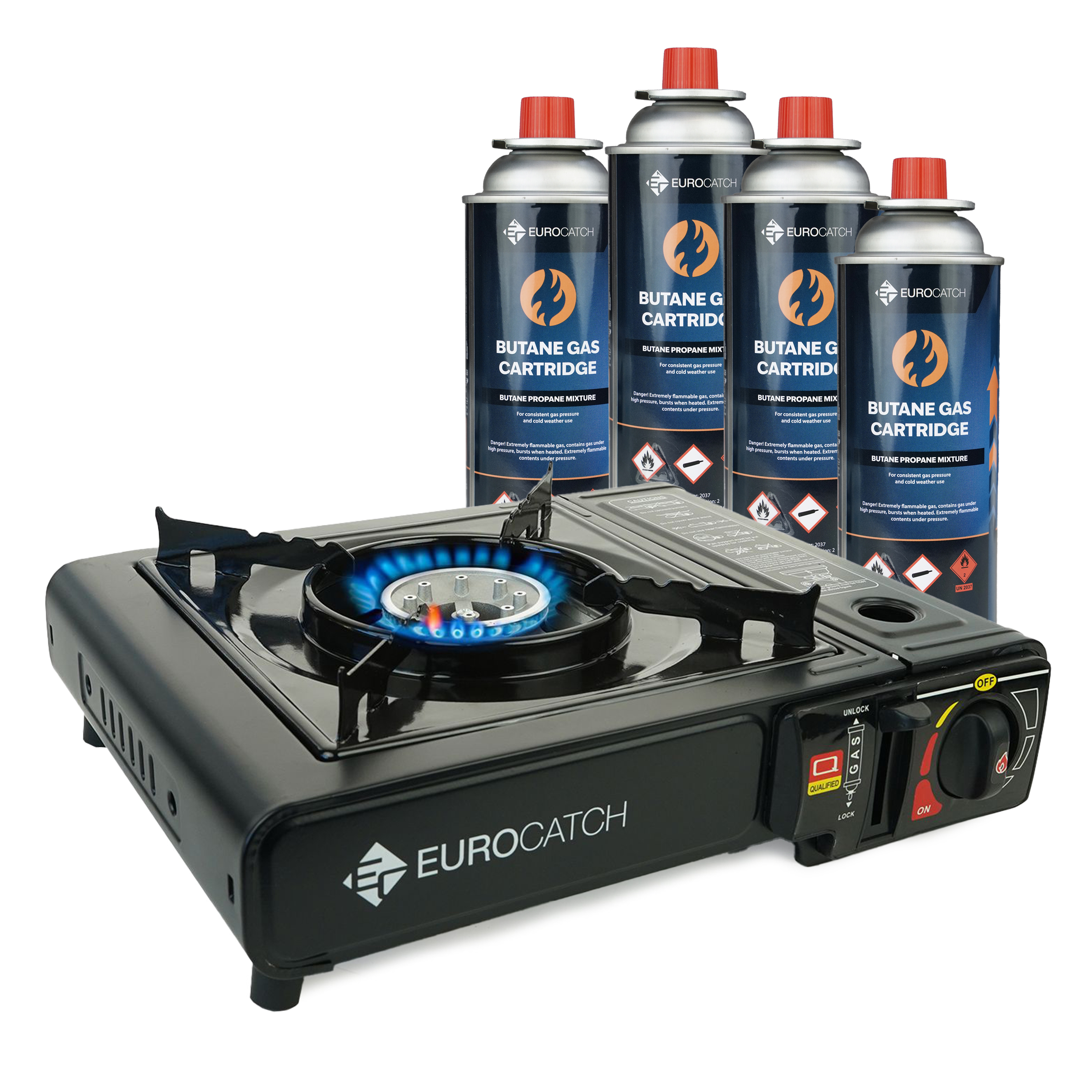  Eurocatch Outdoor - Gaskocher + 4 Gaskartuschen - Gaskocher - Camping Gaskocher - Gaspit - Gaskochfeld - Kocher - Tragekoffer