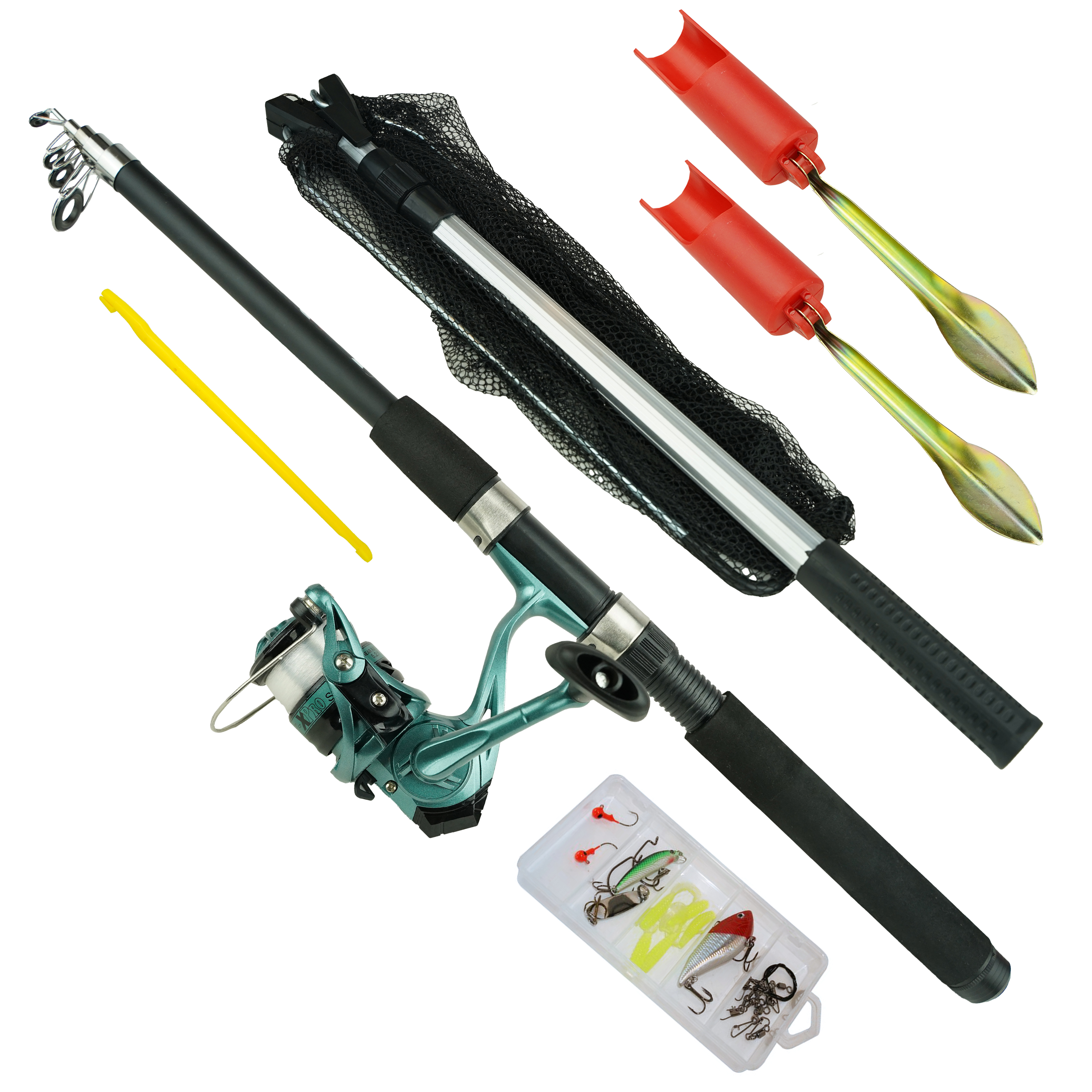  Fish-Xpro Allround Angelset - 2,10m - Spinnrolle mit Nylon - Kescher 40x40 - Rutenhalter - Tacklebox mit Zubehör