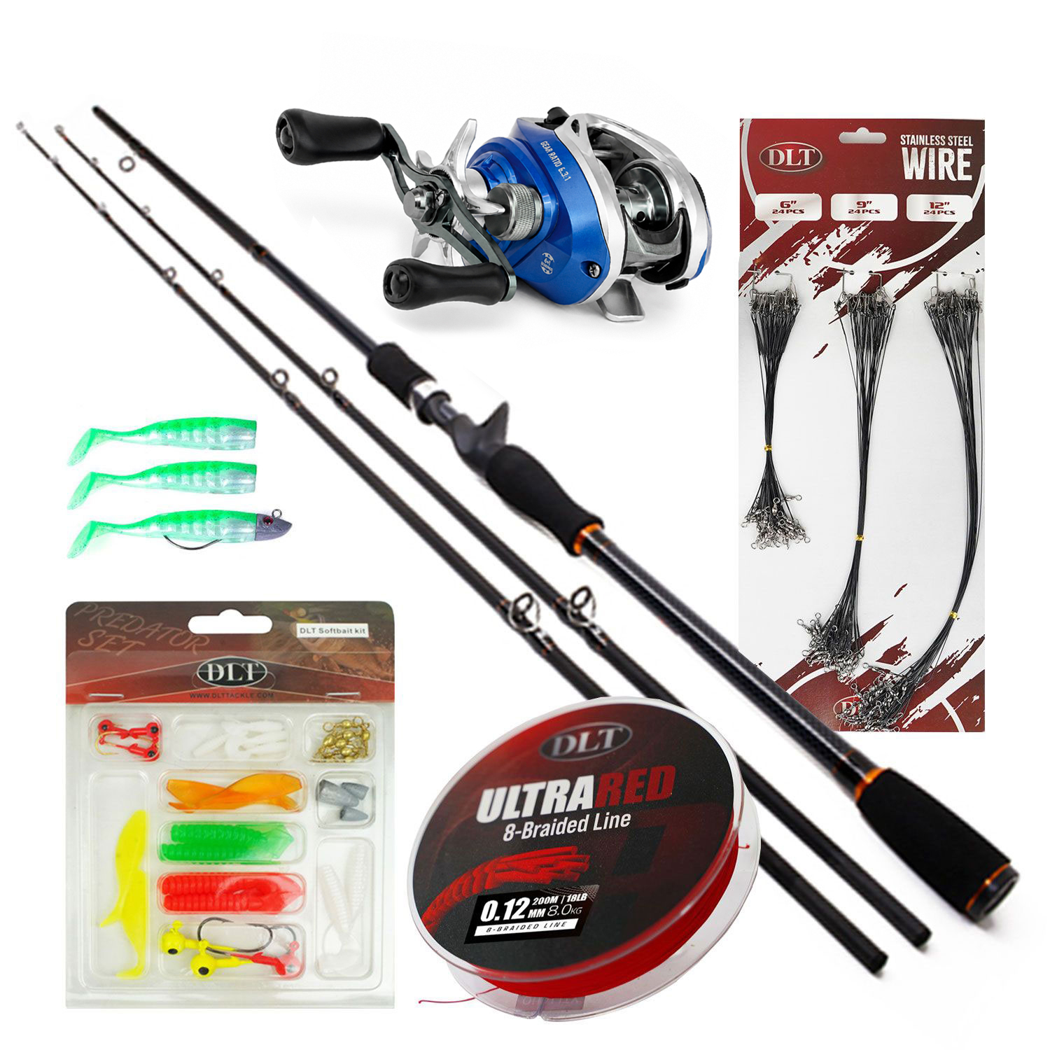 X2 Terminator Baitcaster-Set – Baitcaster-Rute und -Rolle – geflochtene Schnur – Stahlvorfach – Softbaits